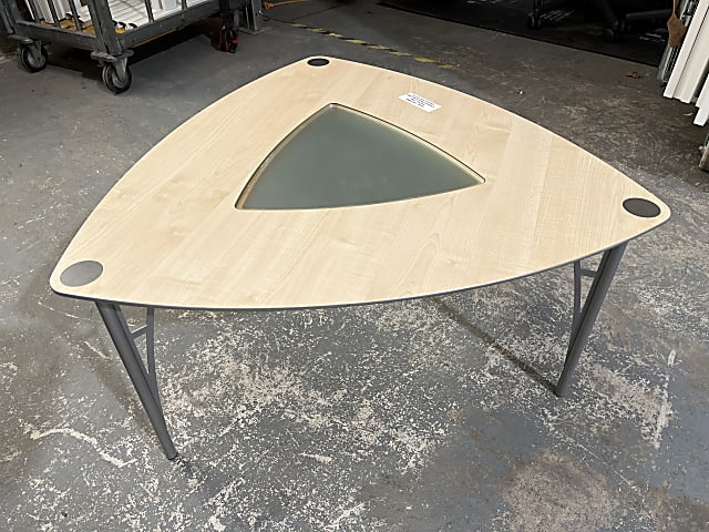 Triangular beech coffee table glass centre