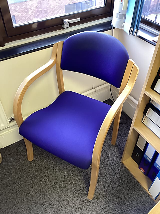 blue and brown wooden chair