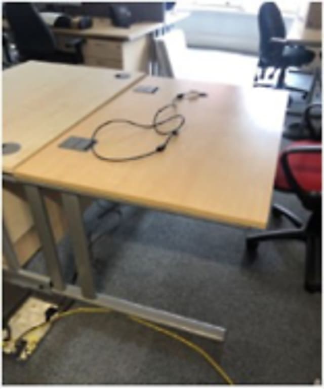 Desk: Light Oak with Silver Legs, Cable Tray, 2 Square Gromets