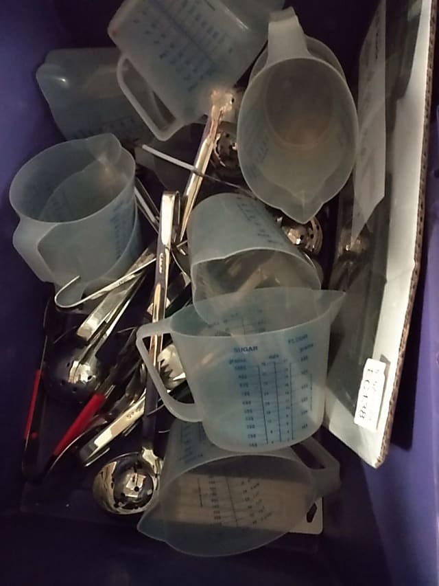 box of catering items, incl measuring jugs etc