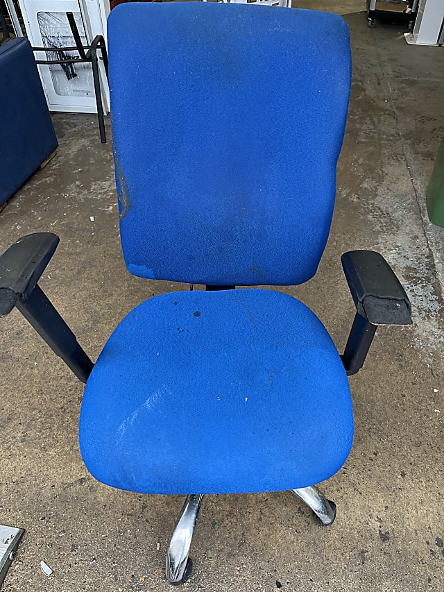 two blue and black rolling chairs