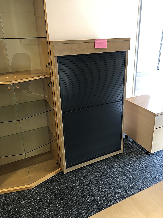 brown wooden framed glass panel cabinet tambour