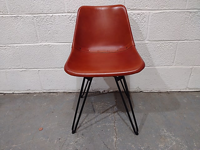 Vintage Camden Brown leather dining chair with black powder coated hairpin legs