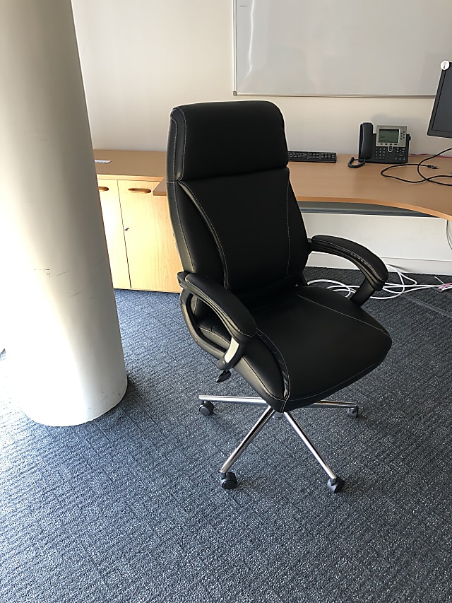 black leather rolling chair with stainless steel base