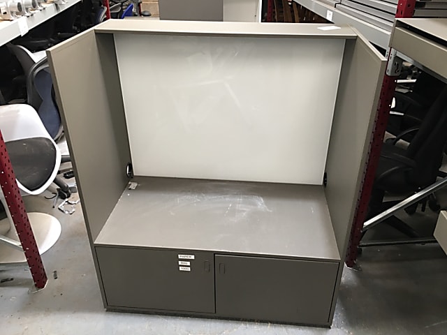 5 wasted Metal Cabinet with bottom drawer - seat or shelf above and glass back. Printer Stand. 