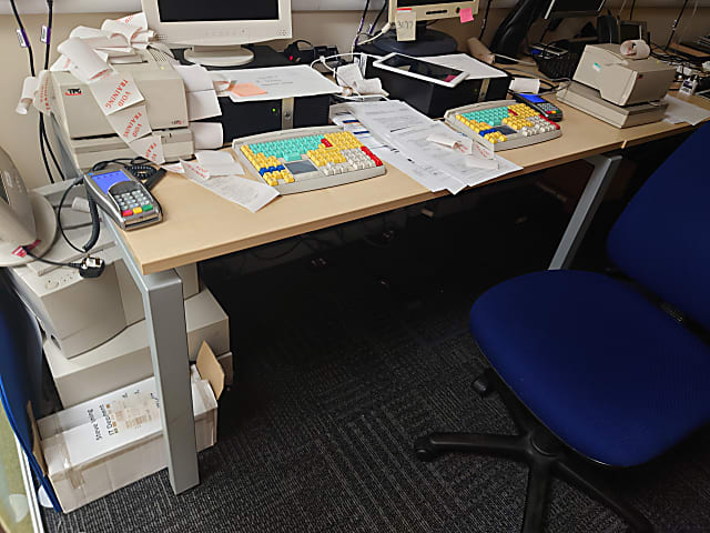 beechwood desk with grey square legs