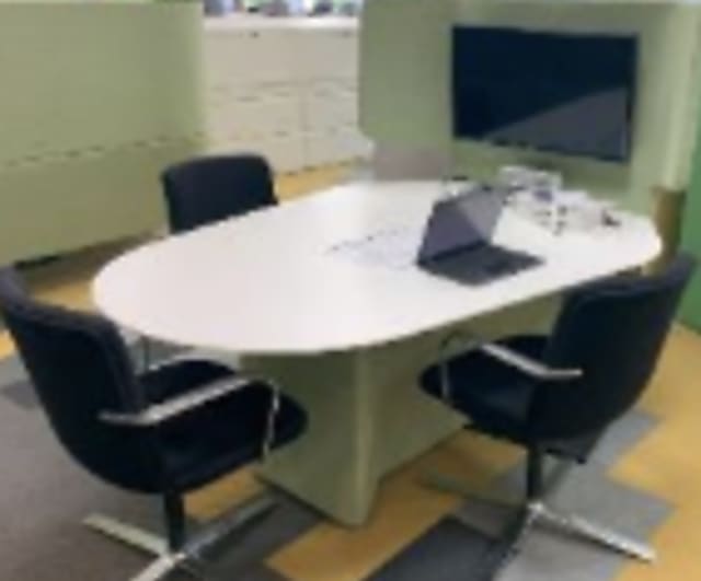 Orangebox Media table, angled shaped, with fabric surround and 34