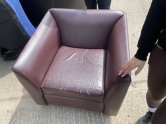 pink leather sofa chair with ottoman