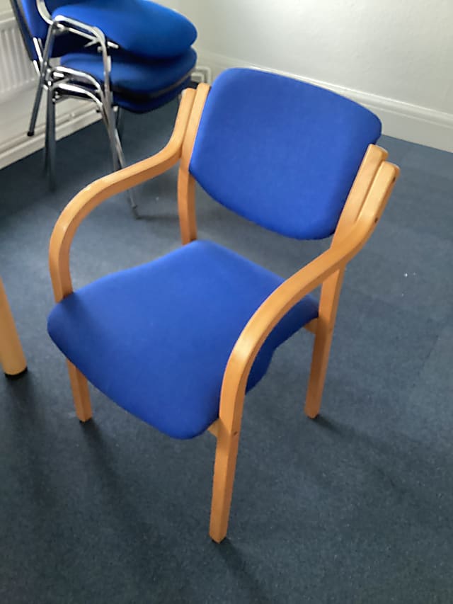 blue and brown wooden chair