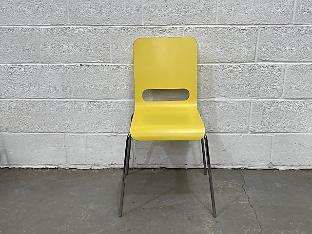 Yellow wooden stacking chair metal frame