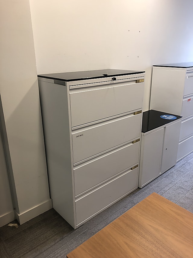 Grey metal filing cabinet