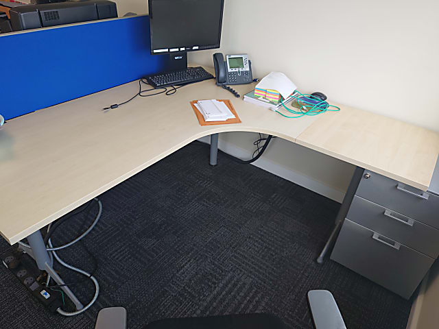 L shaped very light beechwood desk