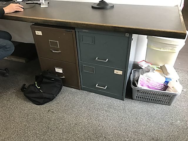 brown metal 2-drawer filing cabinet