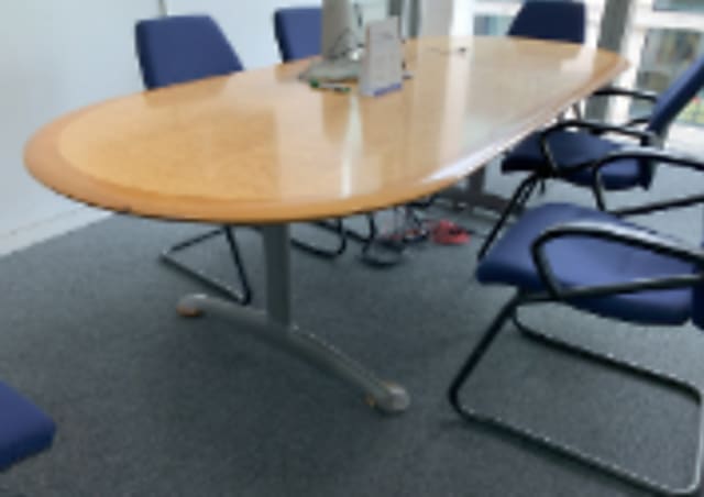 Old solid timber top table, silver T leg base, 2000w x 1100d x 740h