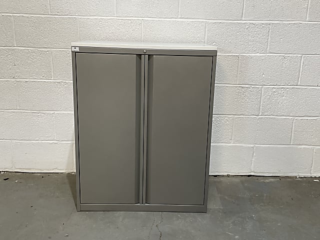 KI 700 series grey metal storage cabinet with white top and two shelves