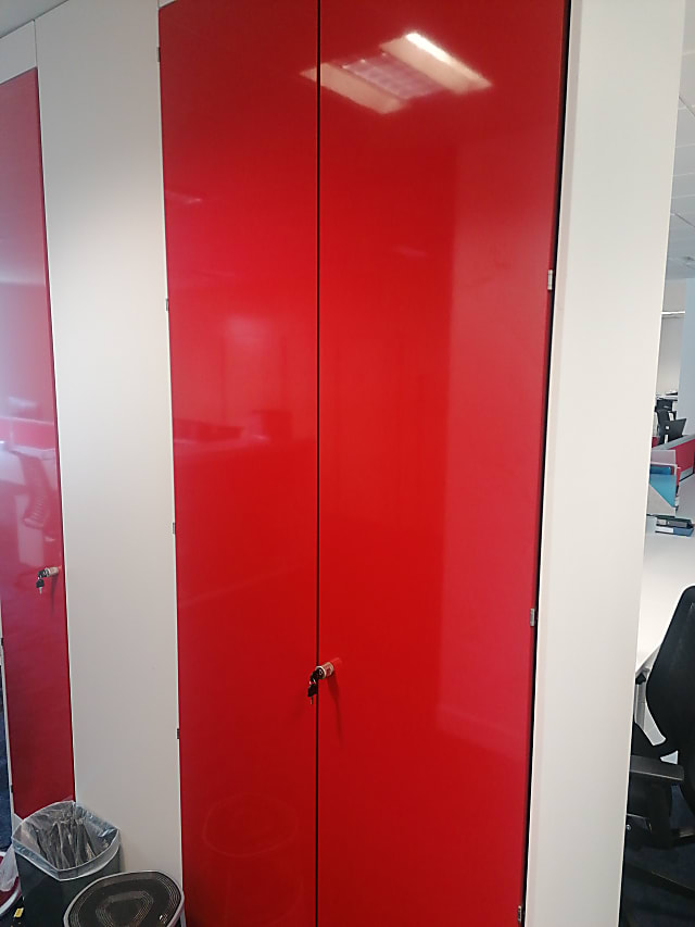 red wooden 2-door wardrobe