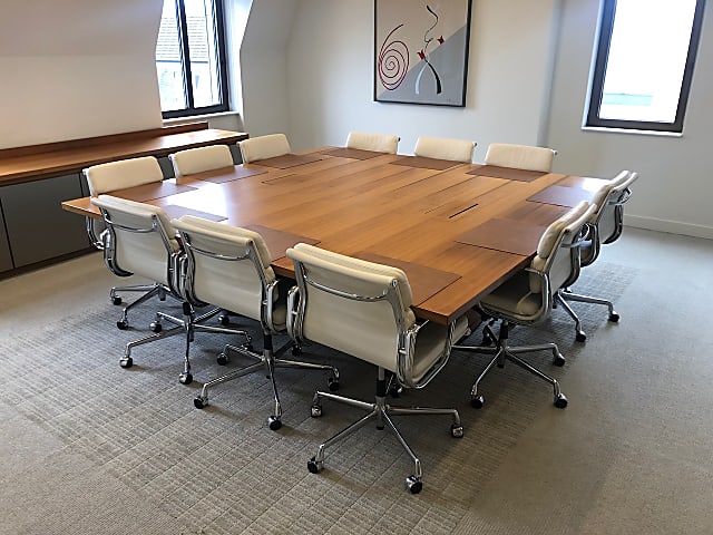 Stunning square brown wooden board room conference table 