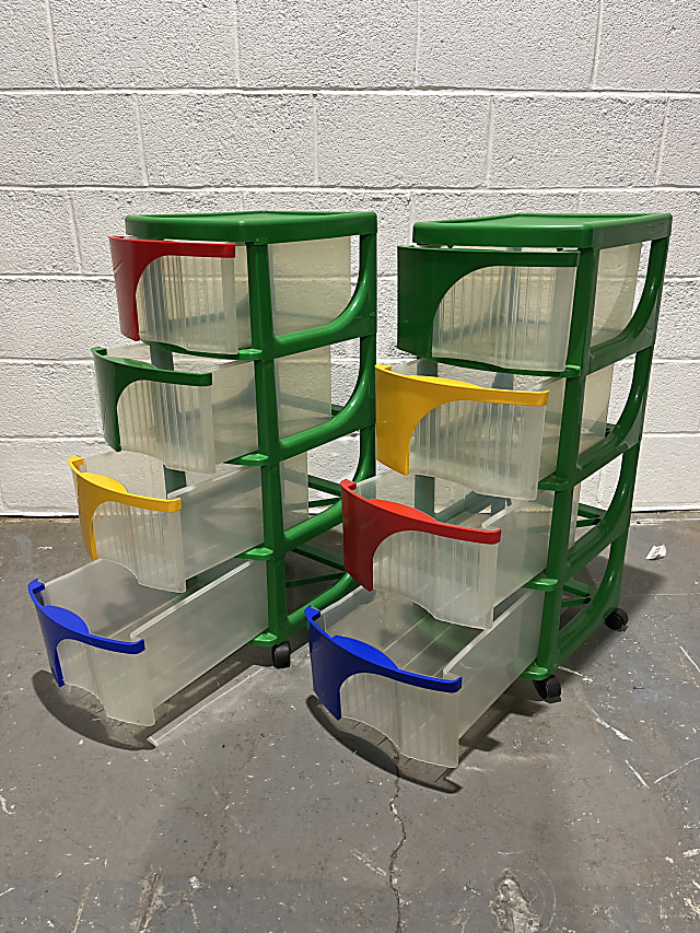 Pair of Contico plastic storage on wheels