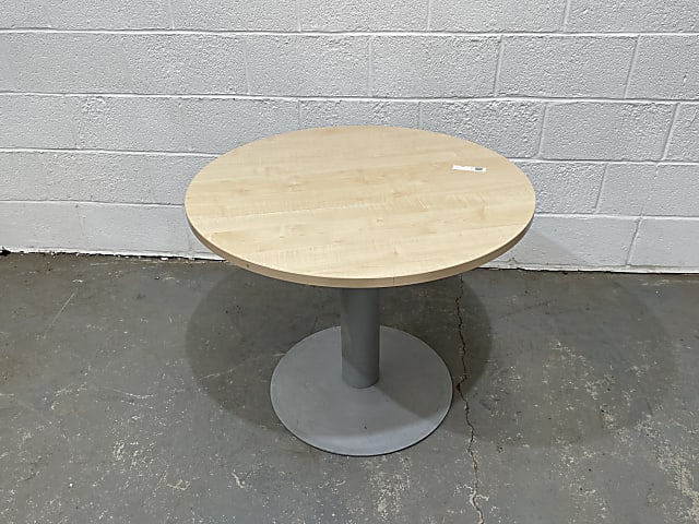 round brown wooden table metal base