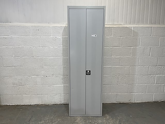 Tall metal cabinet with internal shelves