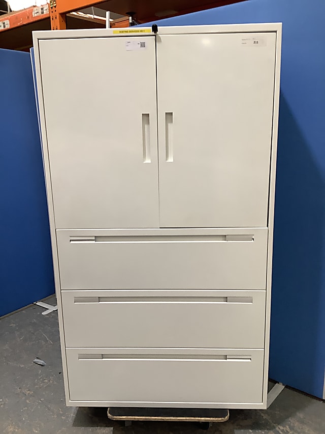 white metal 2-door 3 drawer storage cabinet