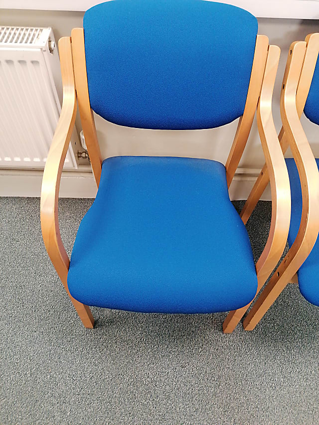 blue and brown wooden armchair