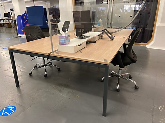 Bank of 4 desks with light oak tops 140cm