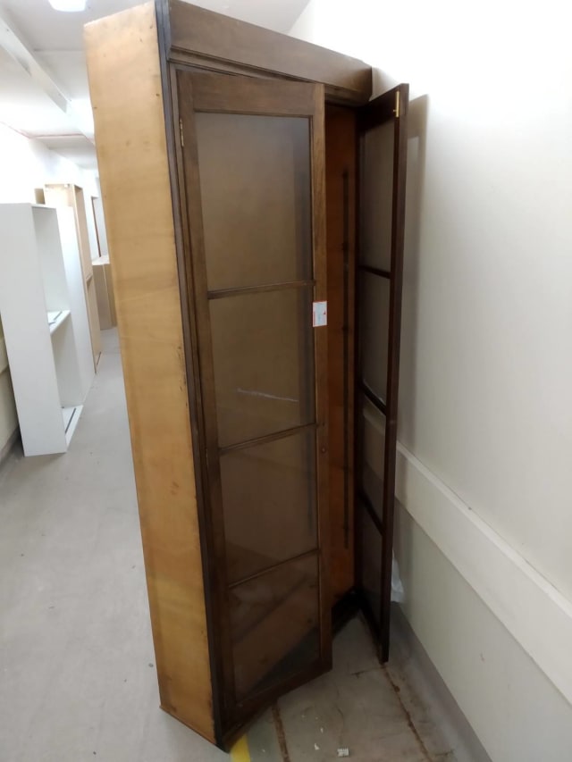 slimline wooden display cabinet with glass panel doors