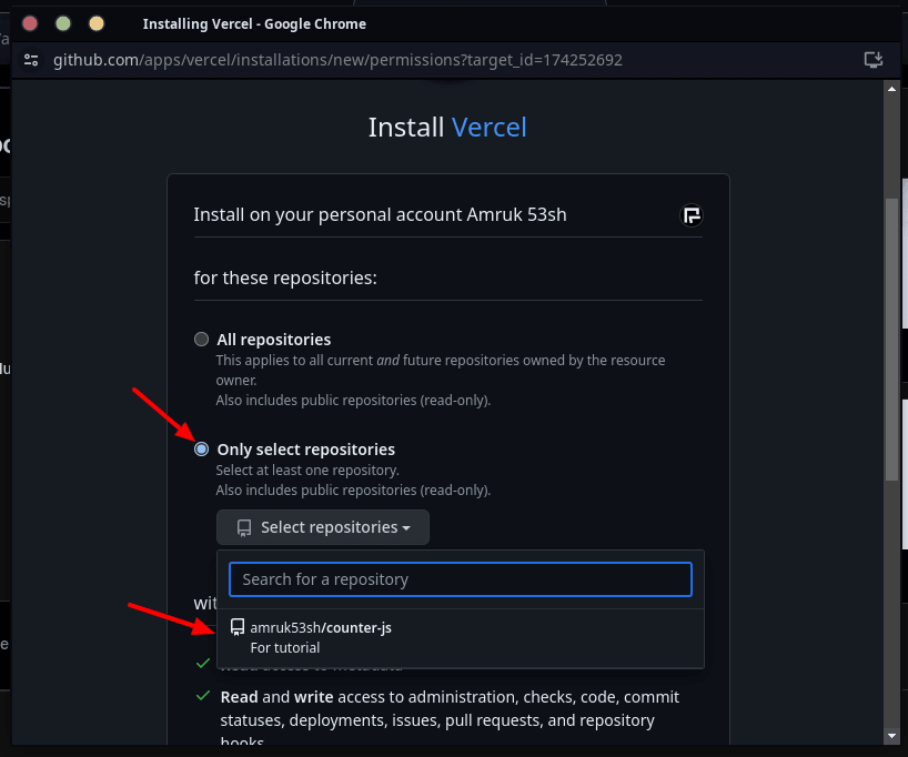 permission install github app vercel