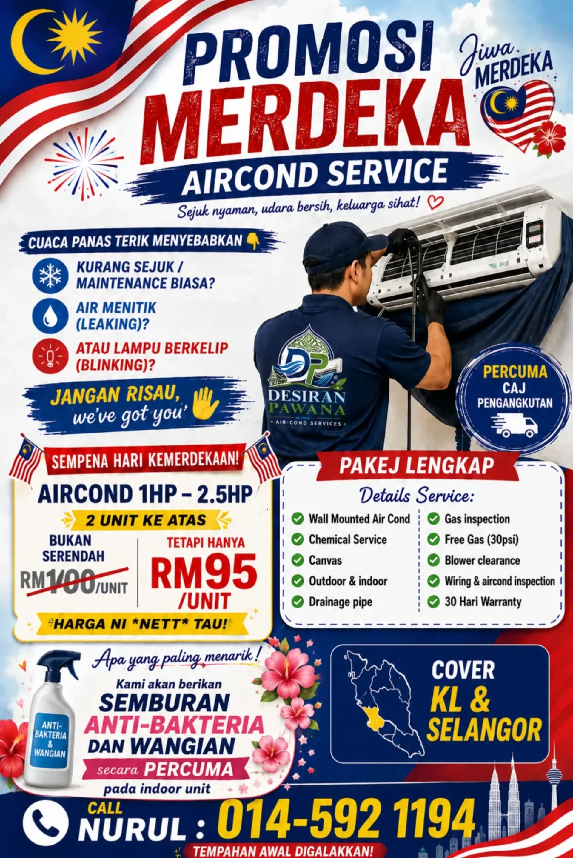 Servis Aircon KL & Selangor — Promosi Merdeka RM 95/Unit (Min 2 Unit)