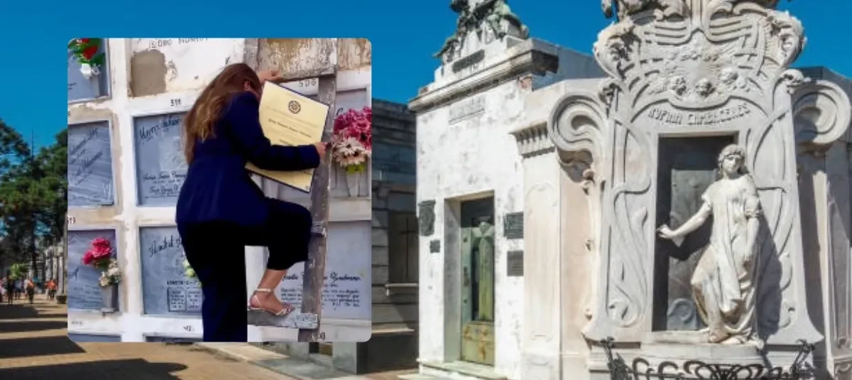 Joven graduada sostiene su diploma frente a la tumba de su padre en un cementerio de Colombia