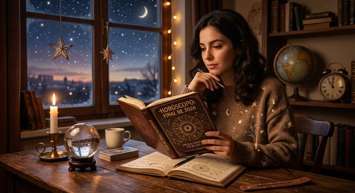 Persona observando un libro del horóscopo. (Generada con IA)