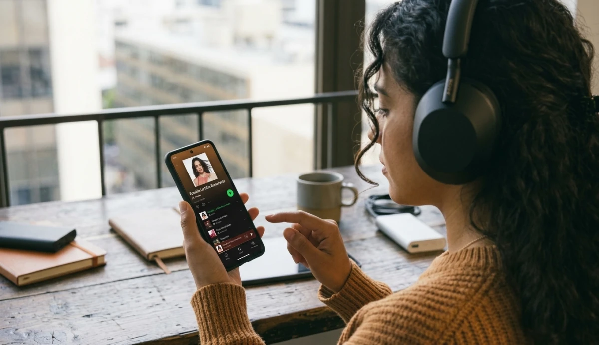 Joven escuchando música en Spotify con auriculares