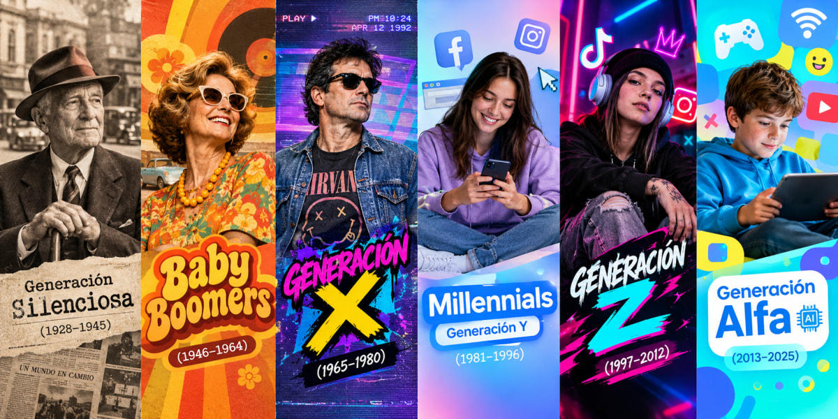 Línea de tiempo con siluetas de personas de distintas edades que representan las generaciones desde 1928 hasta 2039
