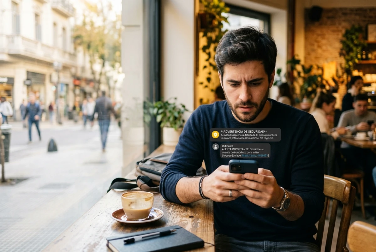 Celular Android mostrando una alerta de seguridad ante un mensaje sospechoso