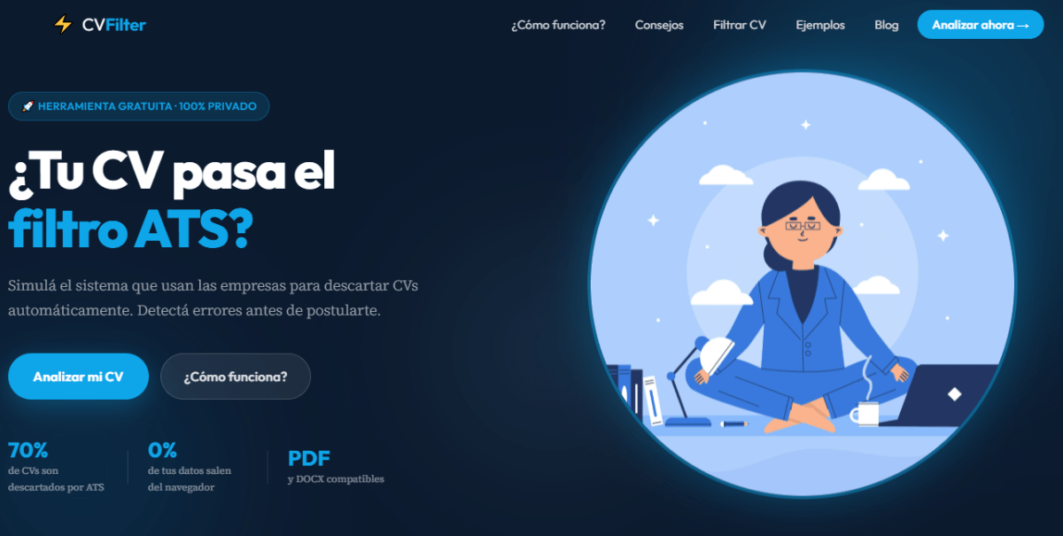 Captura del sitio CV_Filter, simulador ATS gratuito para currículums
