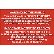 Building site Warning to public and parents - PVC (600 x 400mm)