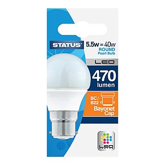 Status 5.5W = 40W Warm White LED Light Bulb 470lm Golf Ball Round Pearl B22d