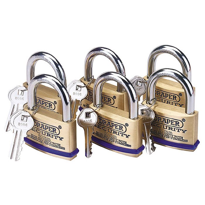 Draper 67663 Pack of 6 Keyed Alike 60mm Brass Padlocks - Ray Grahams