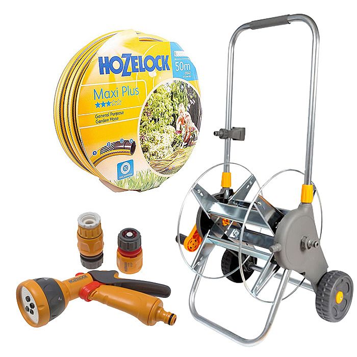 Hozelock 50m Maxi Plus Hose, Metal Cart Reel and Sprayer Set Ray