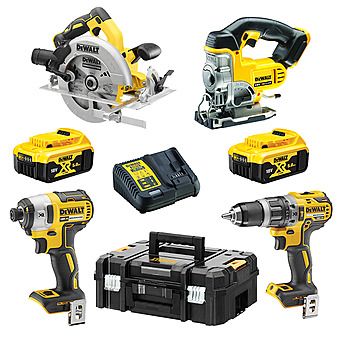 DEWALT 18V Cordless Drill Twinpack Plus Circular Saw + Jigsaw (2 x 5.0Ah)