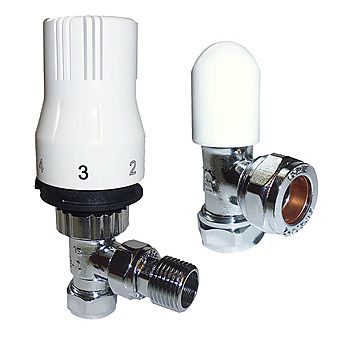 Primaflow Angled 15mm Thermostatic Radiator Valve TRV And Lockshield Pack