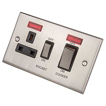 45A Cooker Switch with Socket & Neons Satin Chrome/Black Inserts