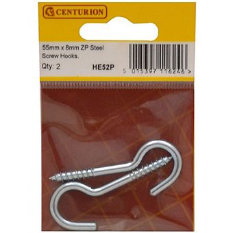 Centurion HE52P ZP Steel Screw Hooks 55mm x 8mm Pack Of 2