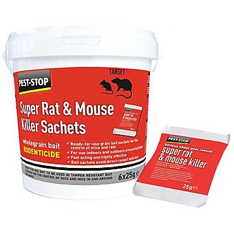 Pest-Stop Super Rat & Mouse Killer Sachets Wholegrain Bait Rodenticide 6x25g