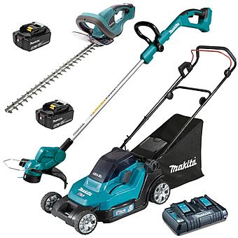 Makita 18V LXT Lawnmower, Strimmer & Hedgetrimmer - 2 x 5.0Ah Batteries