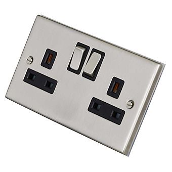 2 Gang Double Socket Satin Chrome/Black Inserts