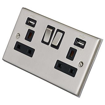 2 Gang Double Socket With 2x USB Charging Ports Satin Chrome/Black Inserts