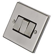 3 Gang Light Switch Satin Chrome/Black Inserts