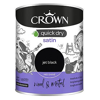 Crown Quick Dry Satin Jet Black Paint For Wood & Metal 0.75L